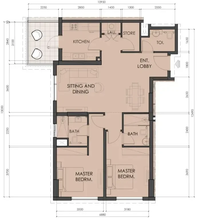 Reference floor plan for a Living Legends Phase 5 two-bedroom Type B apartment
