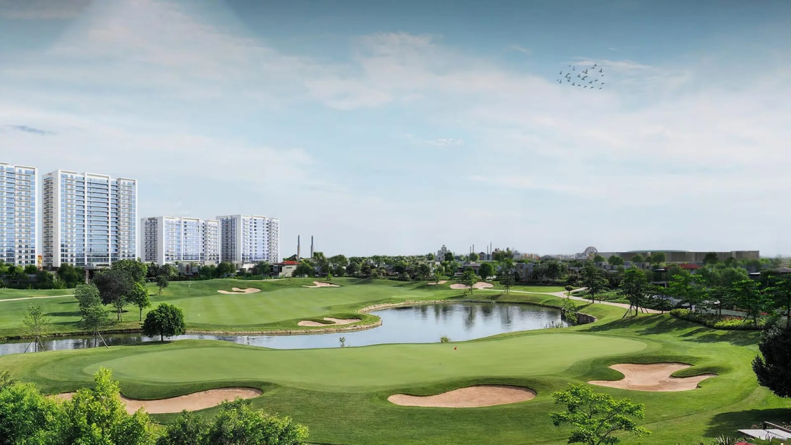 Supplied Living Legends community view with golf fairways, landscaped greenery and water features