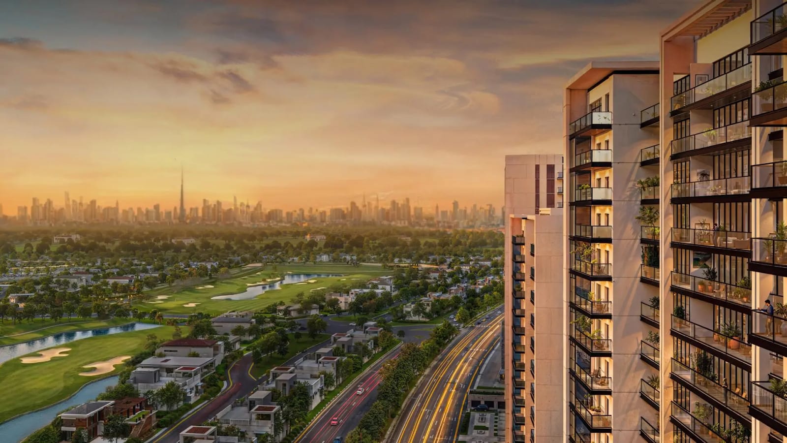 صورة مقدمة لمشروع Living Legends Phase 5 توضح المباني وتنسيق ملعب الجولف وأفق دبي